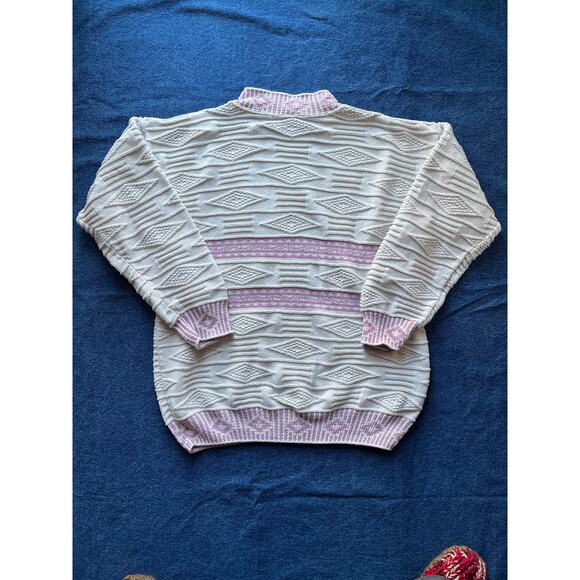 80's/90's Picket and Post 100% Cotton Pink and Cream Geometric Sweater - Picture 2 of 3